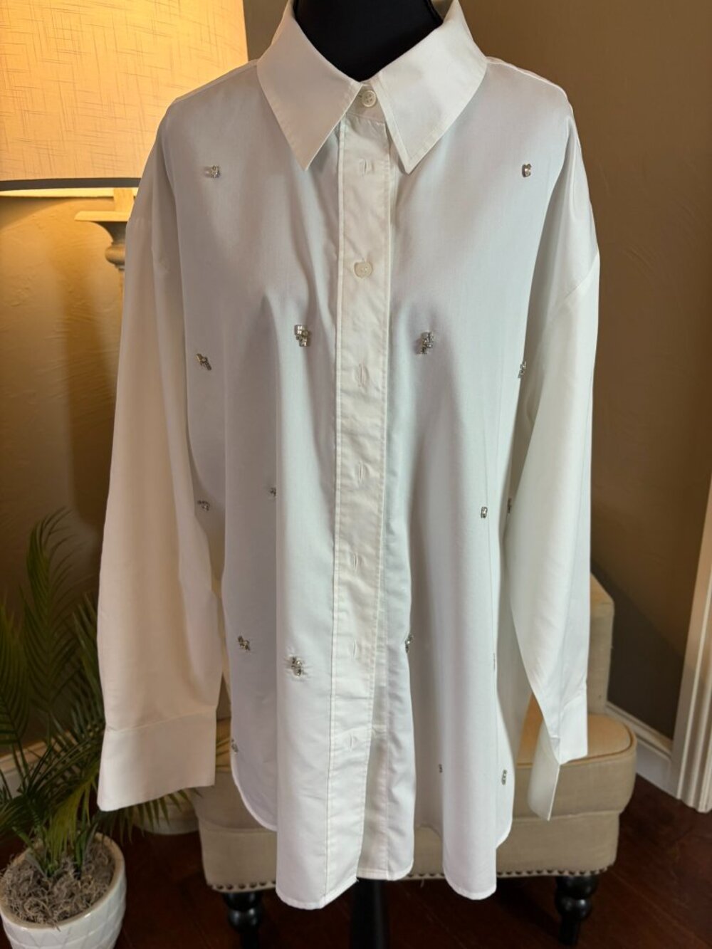 Womens Lane Bryant White Button Down Rhinestone Embellished Shirt, Size 18/20